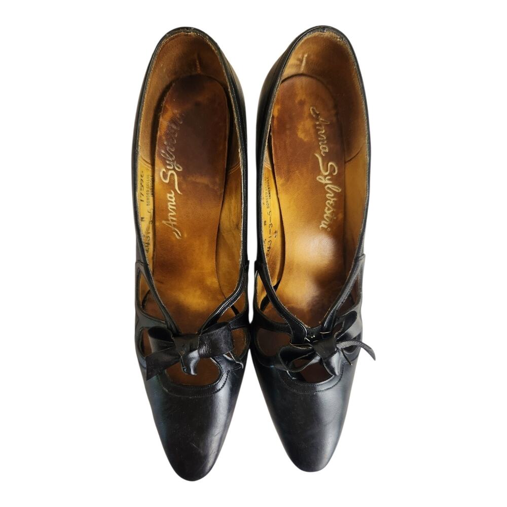 Vtg 50s Anna Silvestri Black Kitten Heels 6.5 N Pointed Toe Bow Cut Out Classy - Picture 3 of 11